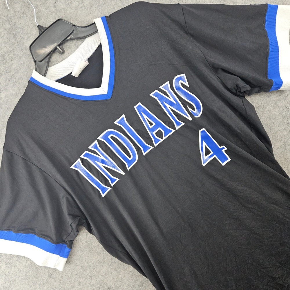 Rawlings Indians Baseball Jersey Mens Black Size 40 Blue Number 4 Pro Dri V-Neck